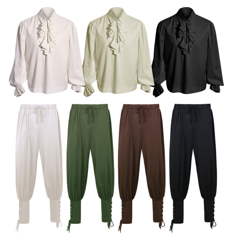 Medieval retro performance leggings, pirate ship trousers, Renaissance lace ruffled vampire shirt.