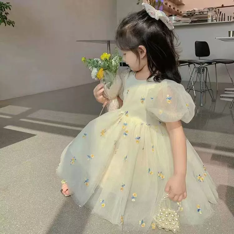 Платье, летняя одежда, маленький princess костюм для девушки, корейский стиль, с вышивкой, цветочный