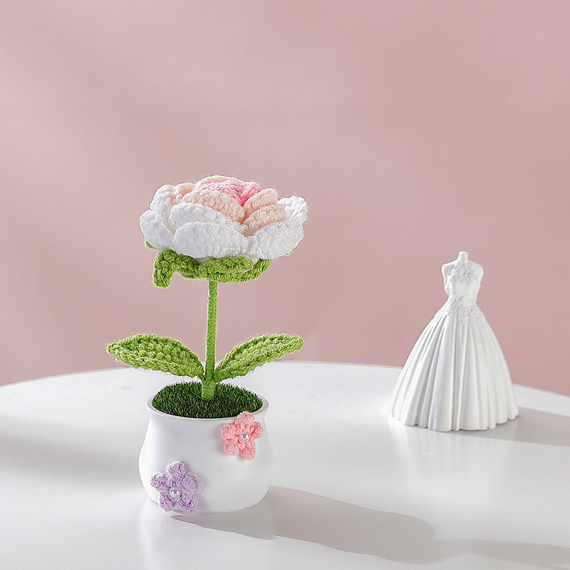 Terminado pequeña olla tejida a mano girasol lirio escritorio coche pequeña decoración regalo de cumpleaños regalo de graduación