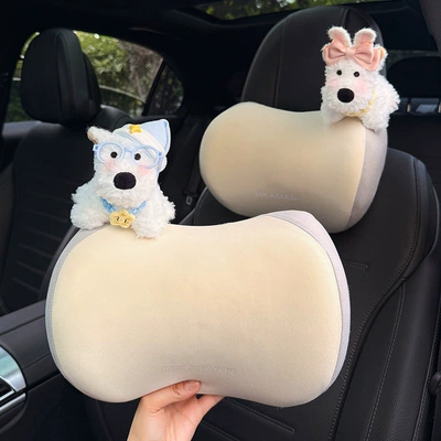 2026 New Model Car Headrest Memory Foam Car Seat Neck Pillow West Highland Plush Toy Car Accessory for Women (Headrest) - main-driver-pink-bow-west-highland-co-driver-blue-pajamas-west-highland