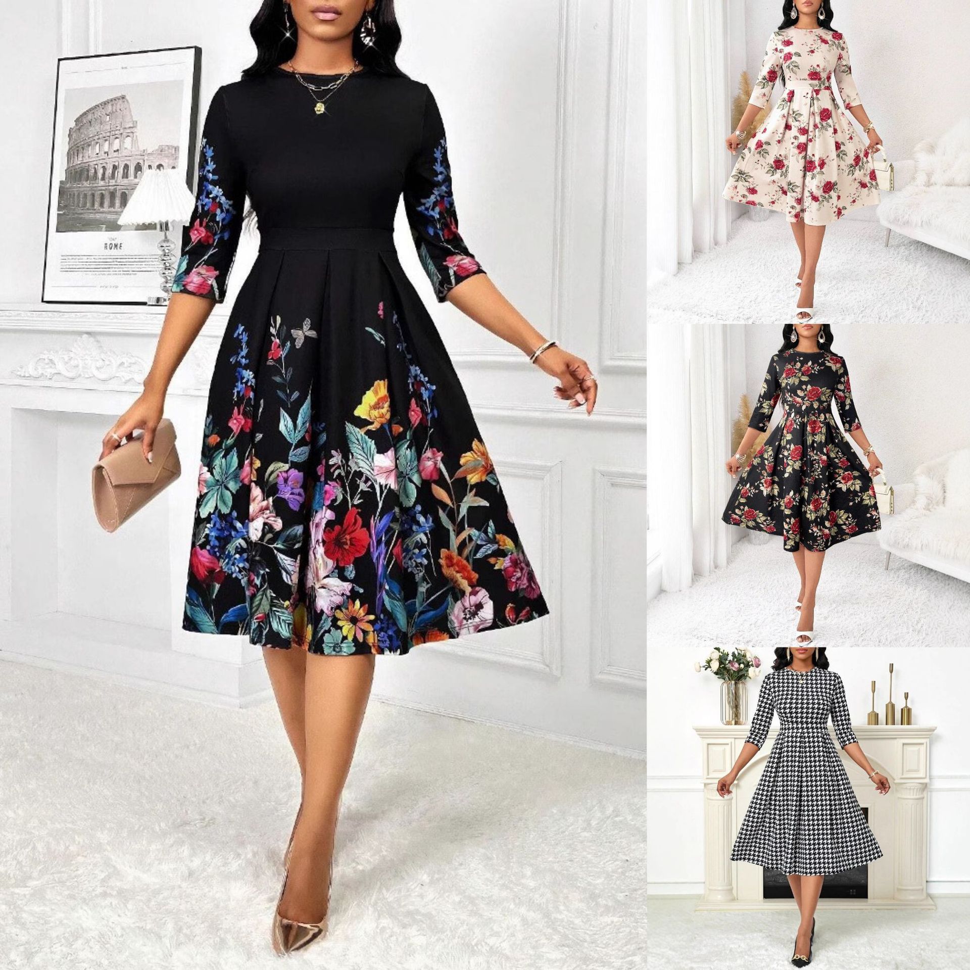 欧美跨境女装外贸新款 亚马逊独立站花卉印花中袖中长春秋连衣裙