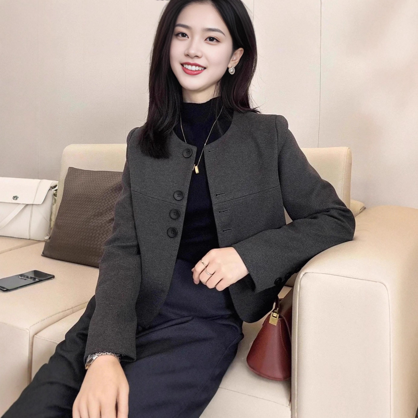 小香风时尚圆领毛呢短款外套女2025新款春秋时尚气质百搭显瘦上衣