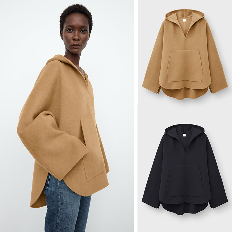 Nordic Niche Wool Cashmere Hooded Double-sided Tweed Sweatshirt Pocket Irregular Hem Age-reducing Woolen Coat