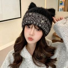 韩版秋冬新款帽子女金属钻标可爱耳朵针织毛线帽冬季保暖护耳帽厚