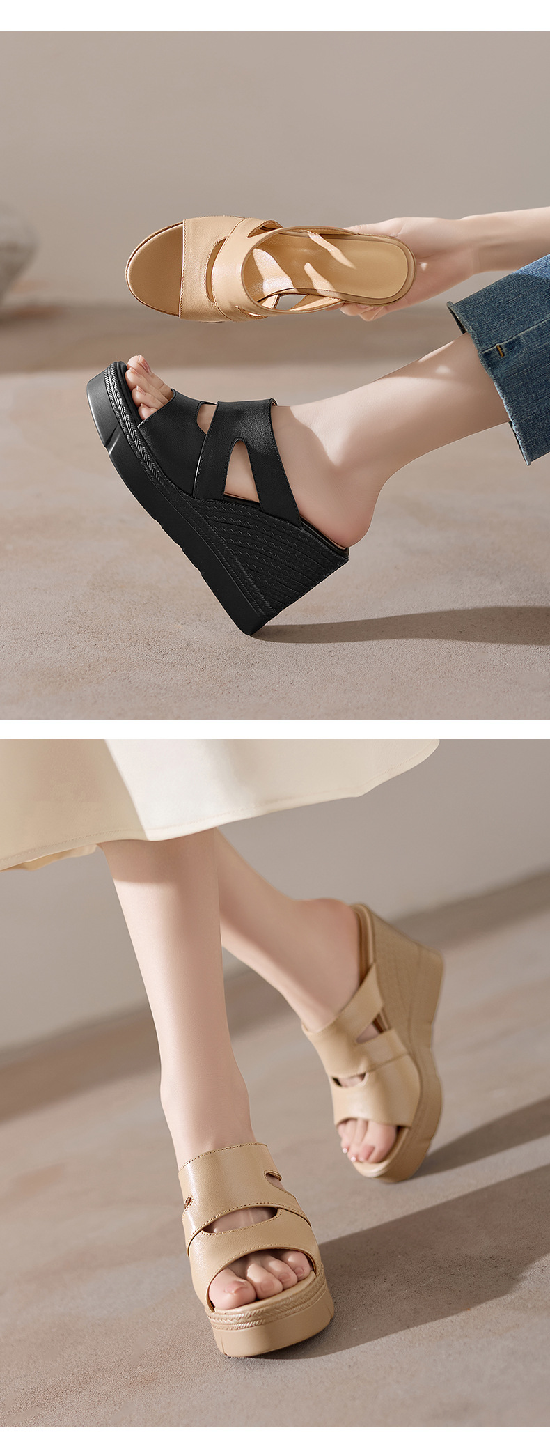 Sandal cao gót nữ hở mũi đế xuồng dày 10 cm — đen chi tiết 3