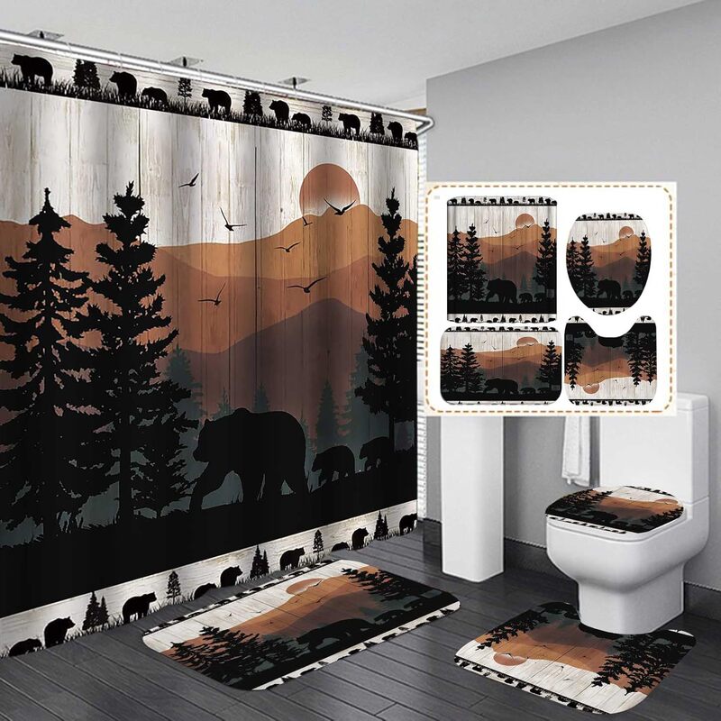 Forest Black Bear Sunset Scenery Bathroom 4-Piece Set Including Bathroom Non-Slip Mat, Bathroom Set, Floor Mat, Toilet Mat, Shower Curtain