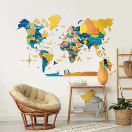3D立体多层贴合旅游彩色世界地图墙面装饰艺术创意世界地图挂墙画