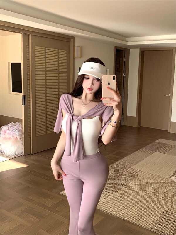 White Long-Sleeved Cardigan Jacket with Camisole Inside, Women's Summer Pure Desire Style Suit, High-Waisted Flared Pants Three-Piece Set