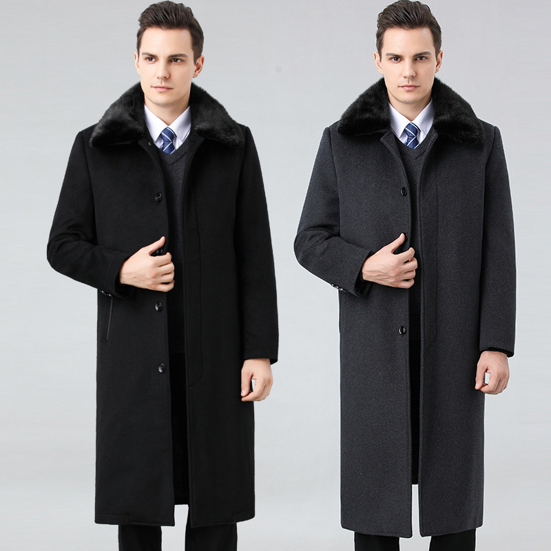 Winter Velvet Rabbit Fur Collar Wool Woolen Coat for Middle-aged and Elderly Men's Cashmere Lined Removable Inner Pile Knee Coat