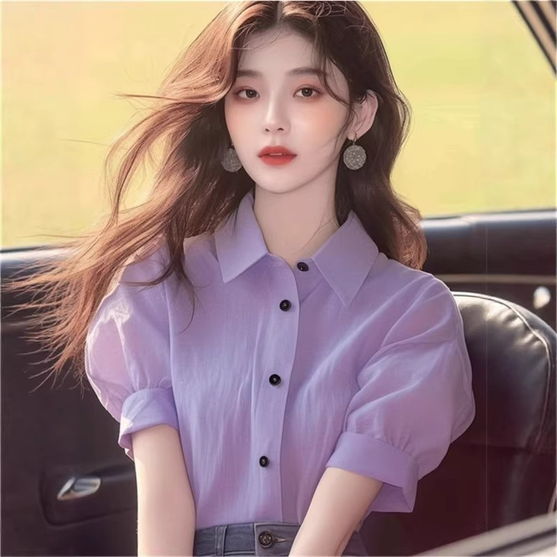 Trendy and Unique Summer Women's Top 2026 New Style Light Purple Polo Collar Puff Short-Sleeve Shirt Trendy and Unique Summer Women's Top 2026 New Style Light Purple Polo Collar Puff Short-Sleeve Shirt