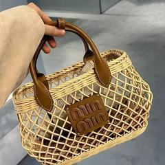 Miaojia 25 春夏新作多用途中空レタープリント竹バッグカジュアル休暇海辺スタイル野菜バスケットレディースバッグ