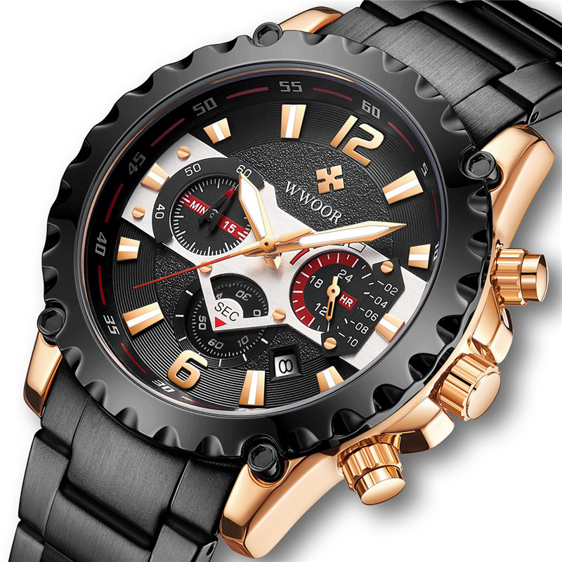 WWOOR hold Love 8880 reloj de cuarzo de correa de acero inoxidable para hombre reloj de pulsera de código de sincronización de calendario multifunción de seis pines