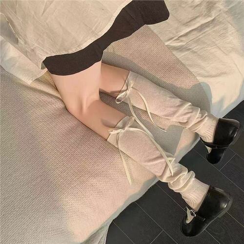 Miu Miu style~ Ballet-style JK bow ribbon over-the-knee women's patchwork simple calf socks tights