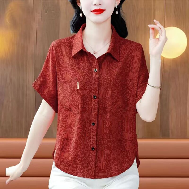 Summer Ice Silk Shirt Casual Fashion 2026 Stylish Slimming New Age-Reducing Short-Sleeve Versatile Loose Top T-Shirt