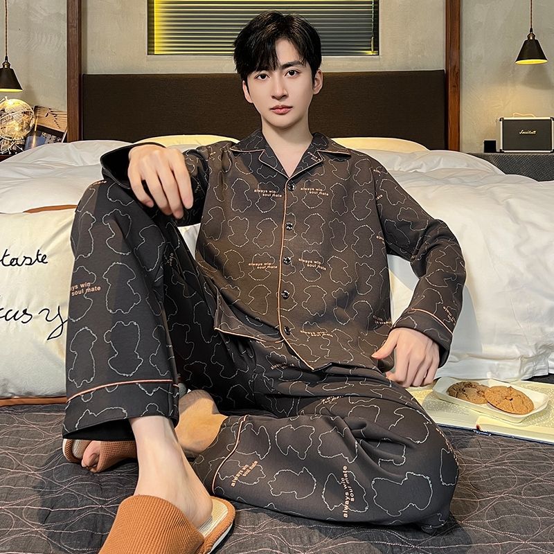 2025 pijama de primavera hombre juvenil de mediana edad, set de algodón de manga larga cardigan de manga larga ropa casera mayorista