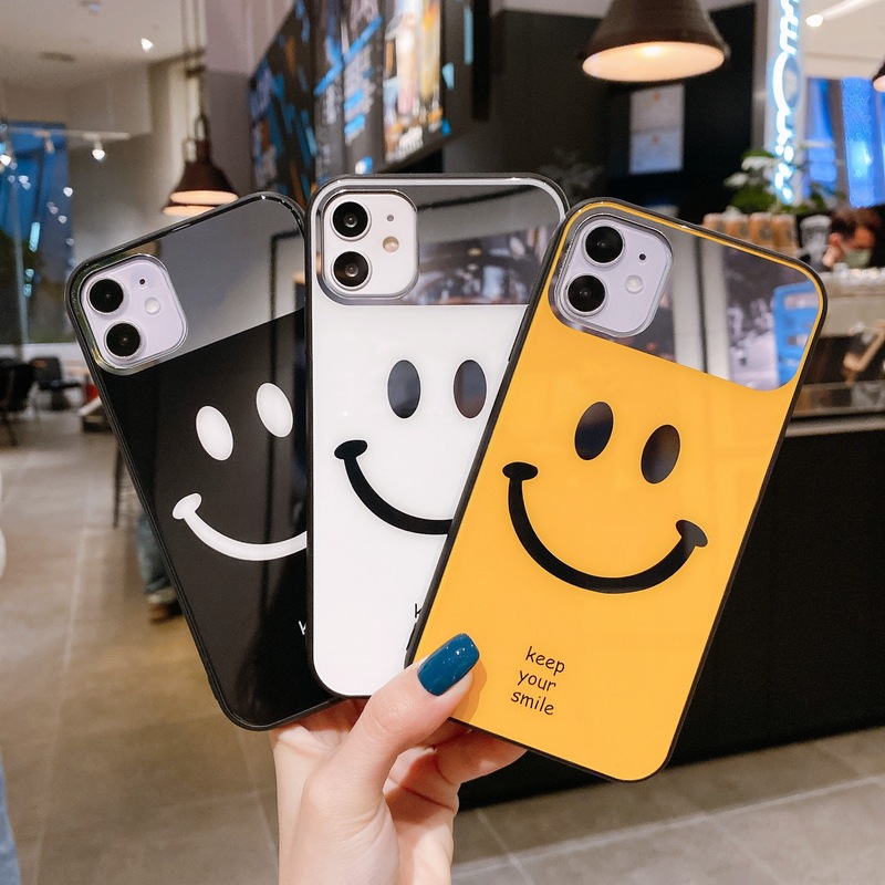 For iphone16PRO Smiley Glass Phone Case Apple 15 Makeup Mirror 14 Couple 13 Protective Case X12