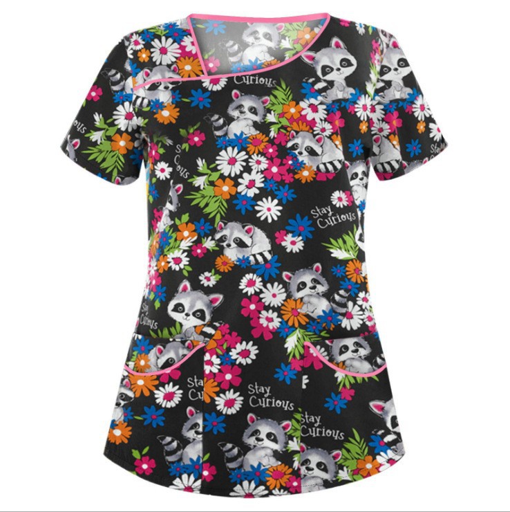 速卖通wish亚马逊新款 欧美女装印花V领短袖口袋T恤女士上衣 现货