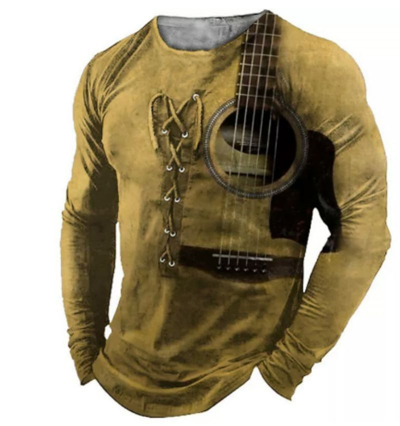 2022 retro hombres 3D digital placket abierto de siete botones Camiseta de manga larga de los hombres de guitarra patrón transfronterizo estación independiente
