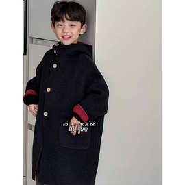 男童儿童帅气连帽中长款毛呢外套2025秋冬新款中大童韩版时髦大衣