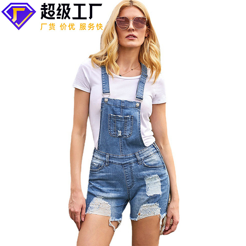 时颖欧美牛仔背带裤女夏季新款迷彩磨破毛边休闲牛仔短裤加工定制