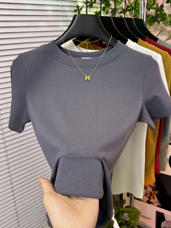 フラワーグレーラウンドネック半袖スリムフィットシャツ女性の夏の新しい気質ハイエンドストレッチトップTシャツトレンディ|undefined