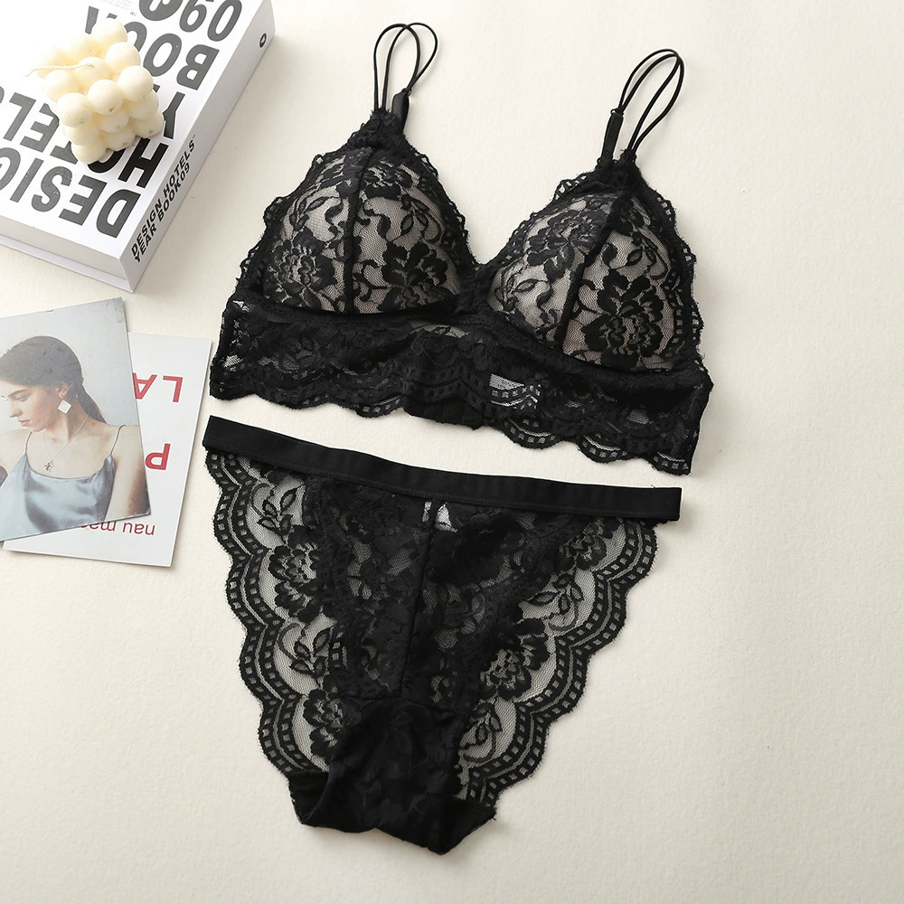 Тонкое кружевное нижнее белье, sexy беспроводной бюстгальтер, комплект, красивая спинка, французский стиль