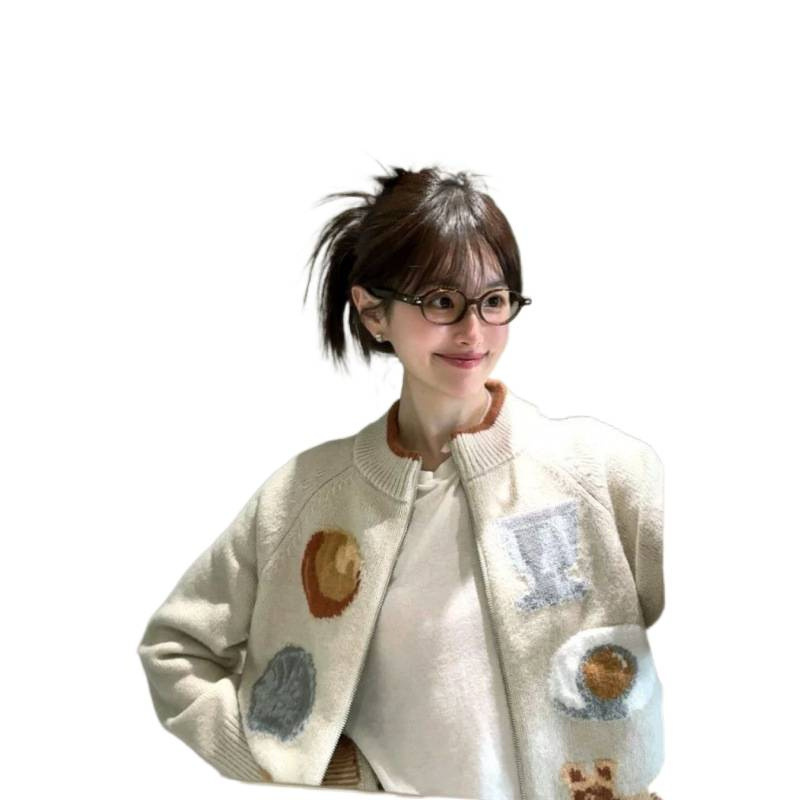 学院风针织开衫女秋冬miu系毛衣外套韩系拉链提花宽松慵懒风上衣|undefined
