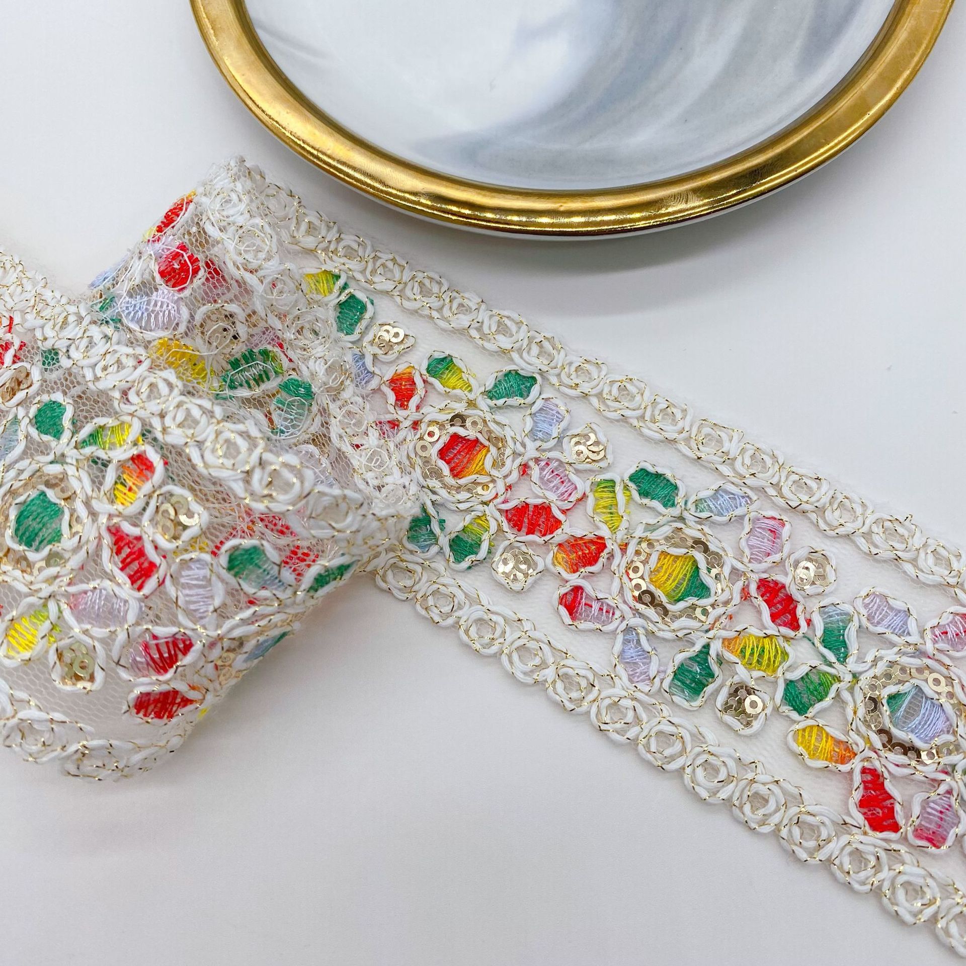 Bordado de color, malla, lentejuelas, encaje multicolor, accesorios de estilo exótico, encaje, código de barras, encaje, nuevo estilo étnico