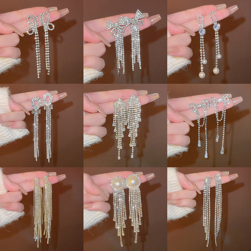 925 silver needle exquisite full diamond long tassel earrings for women ins fashion light luxury niche internet celebrity same style bow earrings