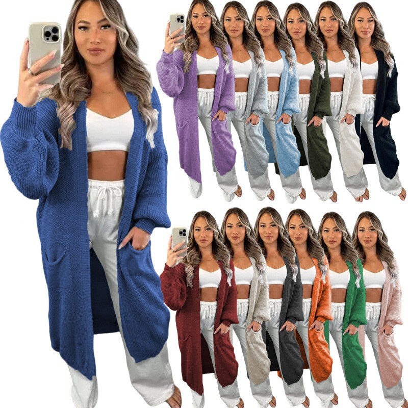 Amazon Autumn and Winter New Knitted Products Cross-Border Export Plus Size Women's Clothing European and American Loose Long Pocket Cardigan Sweater for Women
