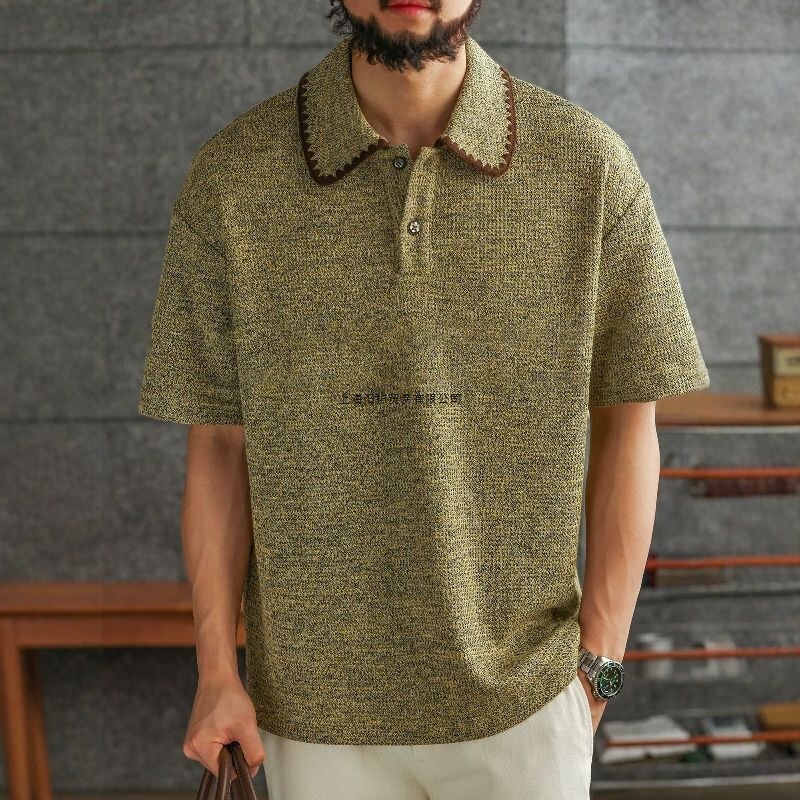 New Summer Retro Textured Floral Yarn Color-Block Collar Polo Knit Shirt with a Turn-Down Collar, Old Money Style, Fashionable and Elegant Men's Short-Sleeve New Summer Retro Textured Floral Yarn Color-Block Collar Polo Knit Shirt with a Turn-Down Collar, Old Money Style, Fashionable and Elegant Men's Short-Sleeve