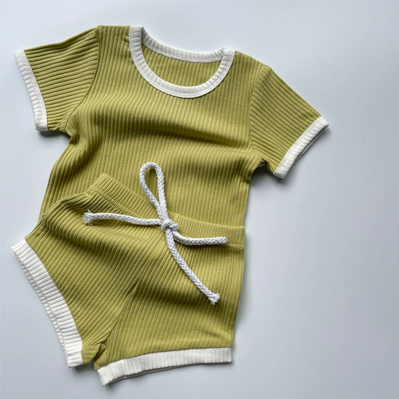 Brand tape with a round collar, cotton shorts, refreshing set for men and women girl's, Korean style, with short sleeve