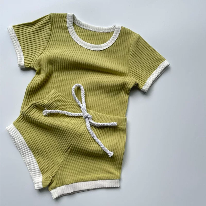 Brand tape with a round collar, cotton shorts, refreshing set for men and women girl's, Korean style, with short sleeve