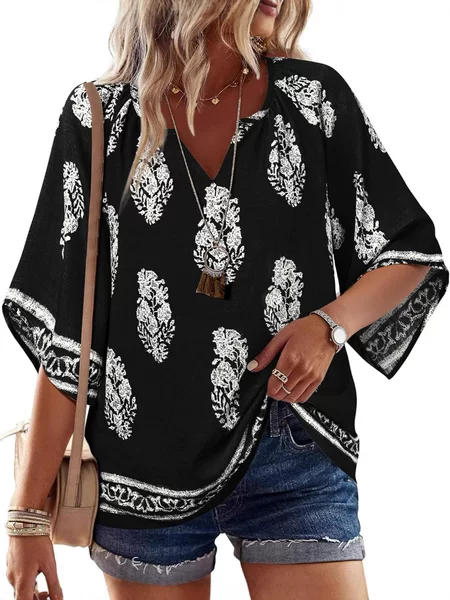 European and American Cross-Border V-Neck Printed Bohemian Pastoral Style Casual Loose Summer Top with 7-Quarter Sleeves for Women