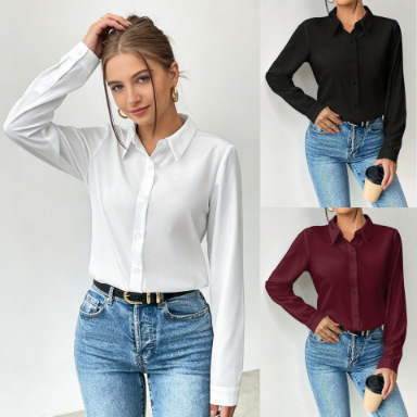 Cross-Border Women's Fashion High-End Solid Color Shirt with a Turn-Down Collar, Long Sleeves, and a Loose Drape, Suitable for Everyday Layering and Commuting Outfits Cross-Border Women's Fashion High-End Solid Color Shirt with a Turn-Down Collar, Long Sleeves, and a Loose Drape, Suitable for Everyday Layering and Commuting Outfits