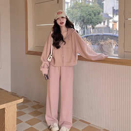 粉色连帽卫衣套装春秋女2025新款学院风宽松甜美休闲阔腿裤两件套
