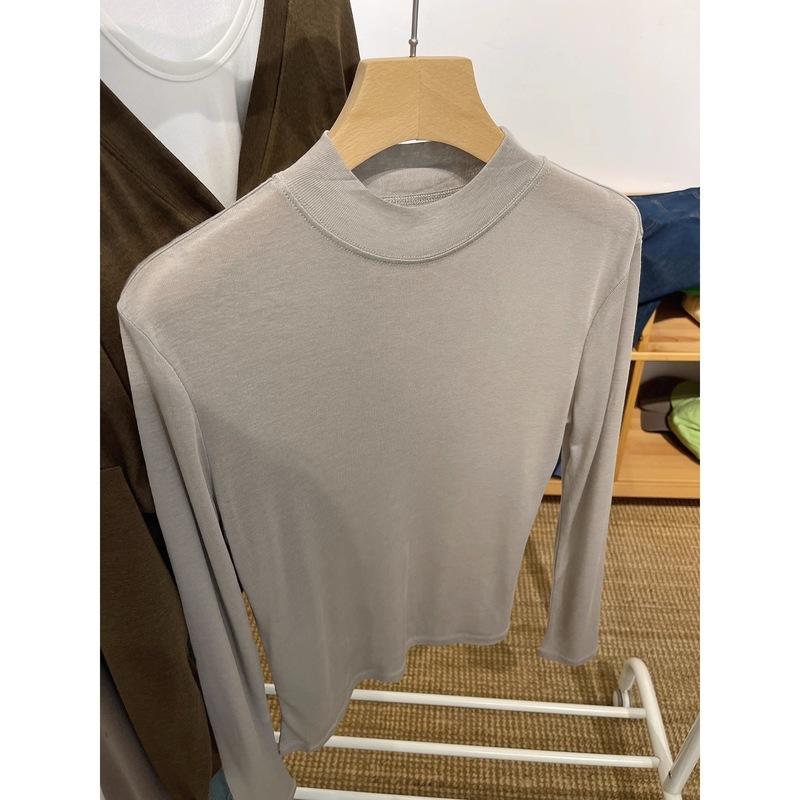 テンセルウールマスクTシャツレディース初秋薄手長袖右肩トップス白インナーハーフタートルネックボトリングシャツ|undefined