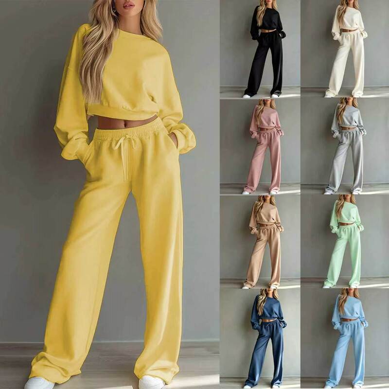 2026 New European and American Style Autumn/Winter Casual Minimalist Short Long-Sleeve Sweatshirt and Wide-Leg Pants Set