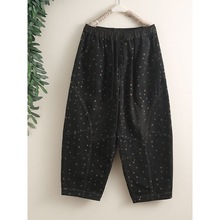 复古时尚波点印花牛仔裤女士大码宽松潮流拼接哈伦垮裤阔腿老爹裤