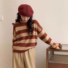 韩版宽松圆领条纹拼色毛衣女洋气2024秋装新款时尚针织套头上衣潮