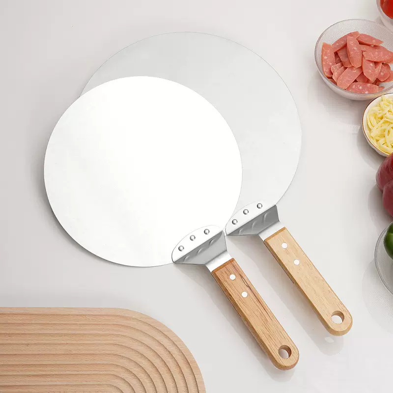 跨境厂家批发12寸大号圆形不锈钢披萨铲 木柄披萨转移器烘焙工具