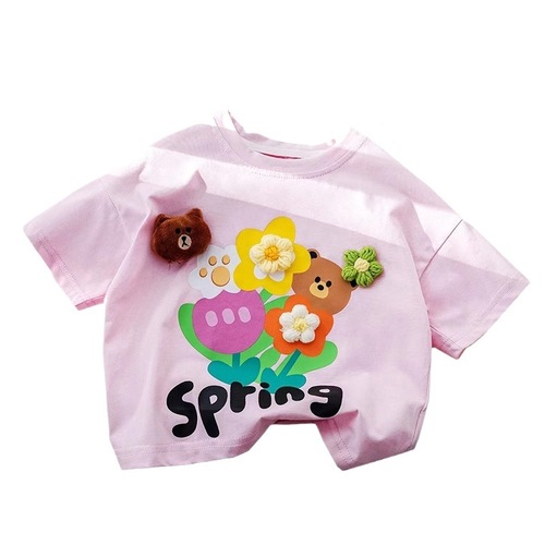 Girls' Short Sleeve T-Shirt Children's Summer Thin Cute Matchable 3D Decorated Flowers Girls' Half Sleeve Top