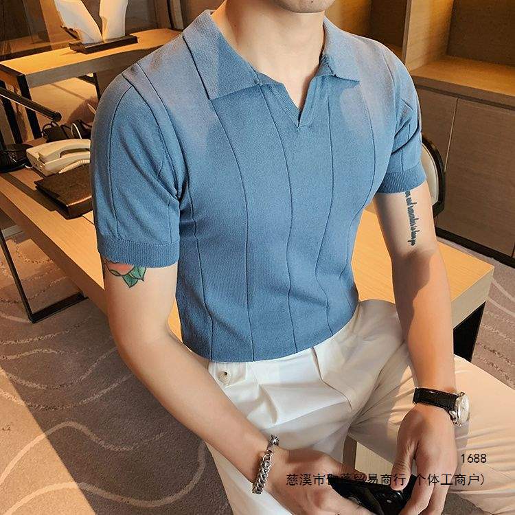 Men's Ice Silk Short-Sleeve T-Shirt, Summer 2026 New Style, Business Men's Top, Cool V-Neck Knitted Polo Shirt