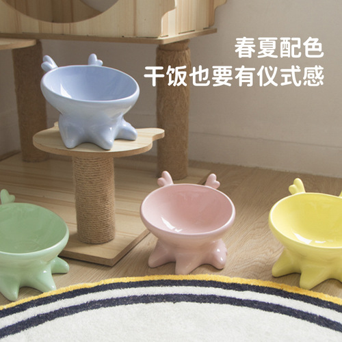 New Macaron Series Pet Bowl with Rabbit and Deer Designs, Slant Mouth Spine Protection Ceramic Cat Bowl Pet Feeder