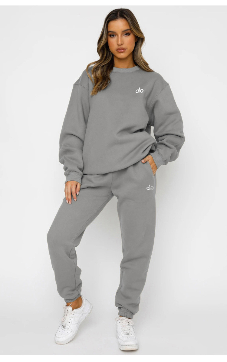 Transfronterizos Europa y Estados Unidos otoño y invierno caliente impresión de cuello redondo chaqueta pantalones de mujer moda casual suéter mujer set image 8