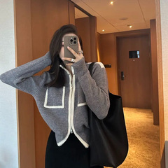 撞色双拉链毛衣外套女2025秋冬新款慵懒风高级感宽松百搭针织开衫