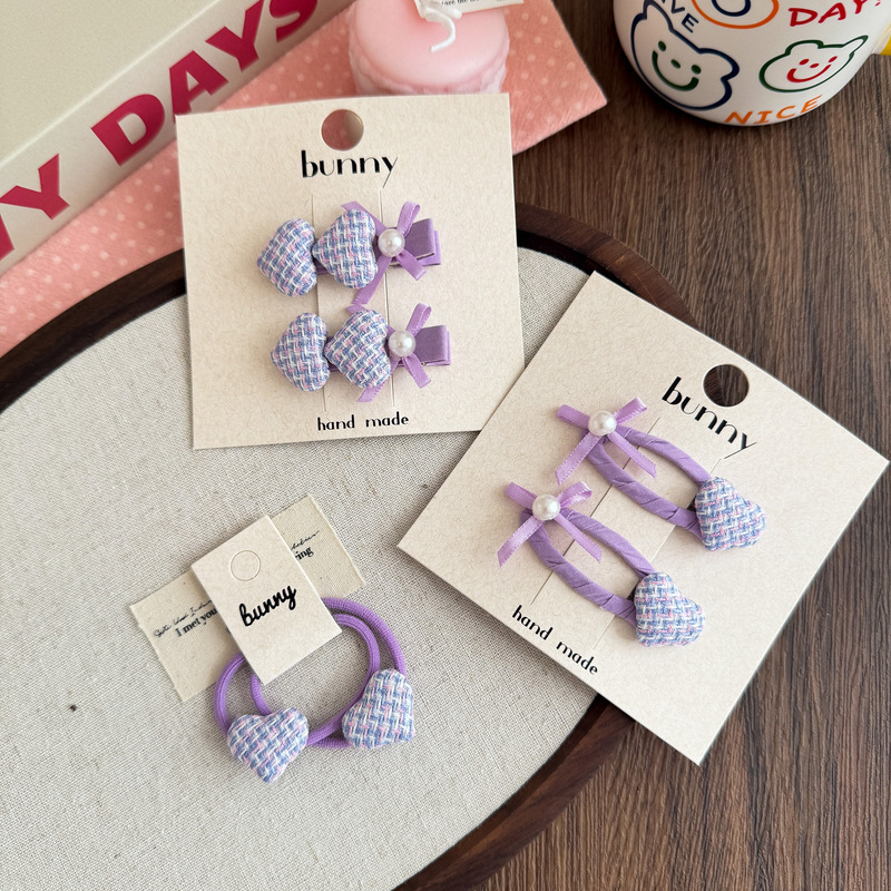 Purple Chanel-Style Heart Button Children's Hairpin Sweet Girl Hollow Bb Clip Fabric Peach Heart Hair Tie Hair Accessory