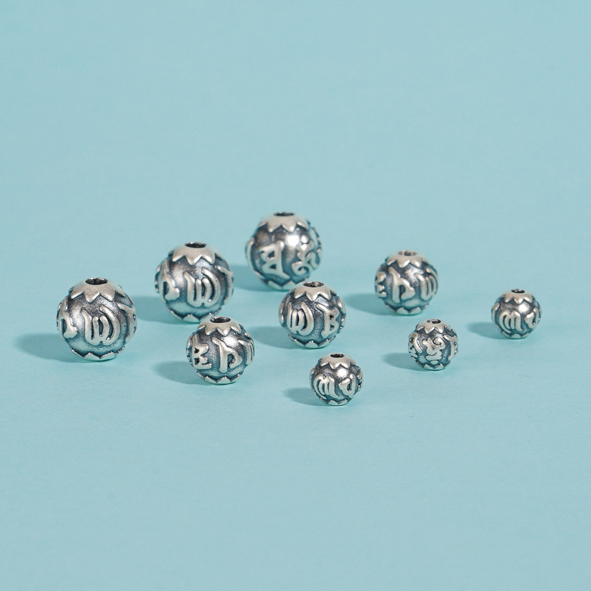 银之爱六字真言莲花隔珠手工编绳手串项链串珠散珠999纯银小配件