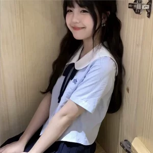 娃娃领蓝色条纹衬衫夏季jk制服短袖甜美清新上衣百褶短裙套装学院