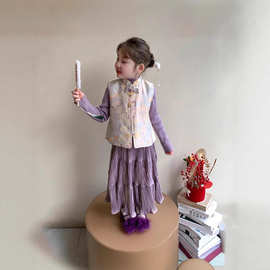 女童套装秋冬2025新款国风儿童马甲夹棉冬装女孩新中式加绒三件套